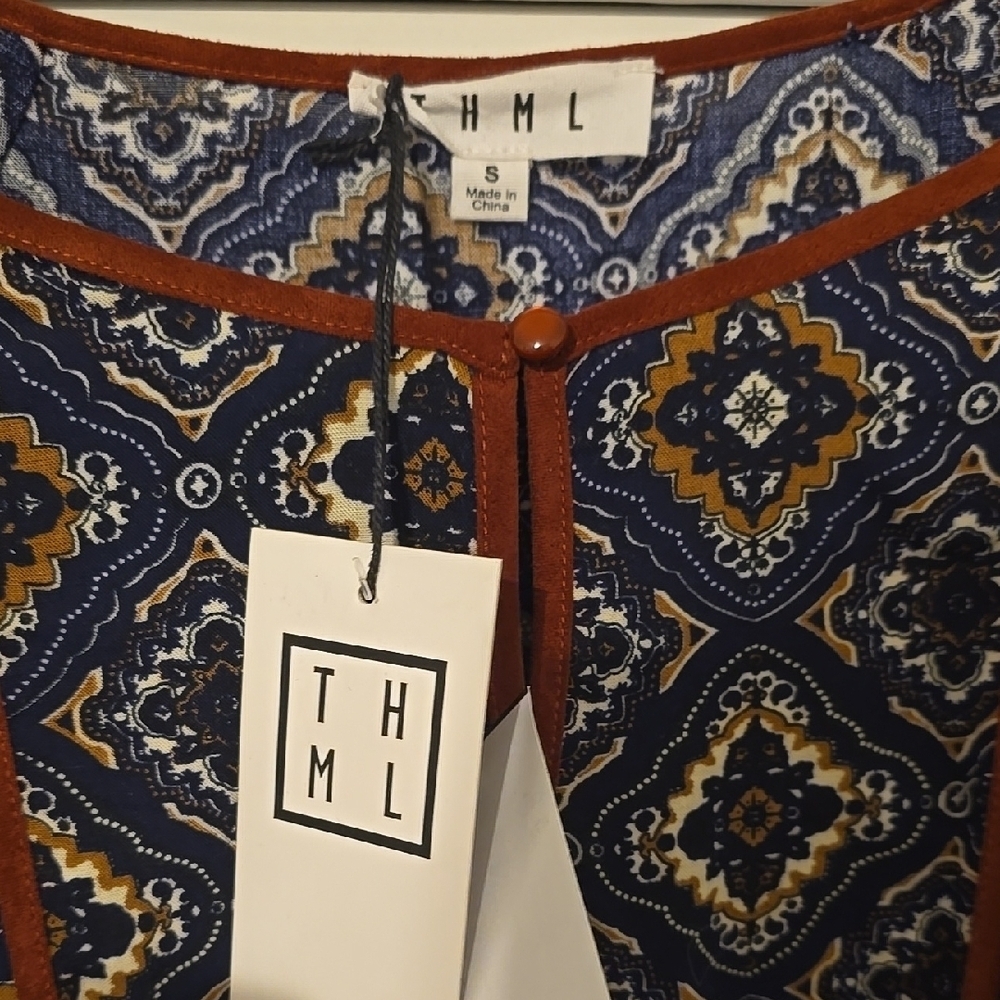 THML Womens PATCHWORK Blue and Brown Long Sleeve Bell Dress - Picture 4 of 5